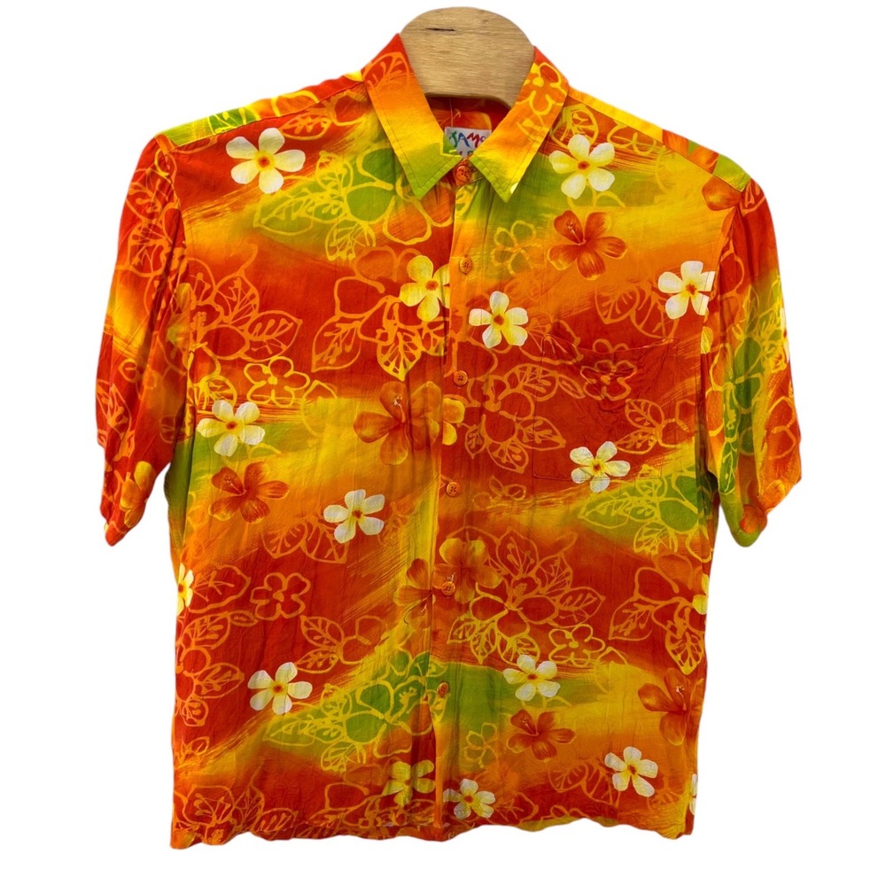 Jams World Mens XL Fire Flower Hawaiian Shirt Orange Yellow Rayon Made in Hawaii